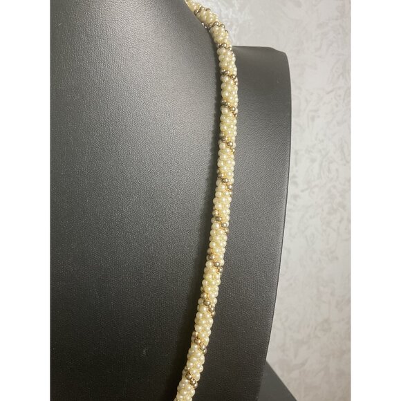 Vintage Faux Pearl Beaded Braided Necklace With Elegant Twist Design - Picture 2 of 4